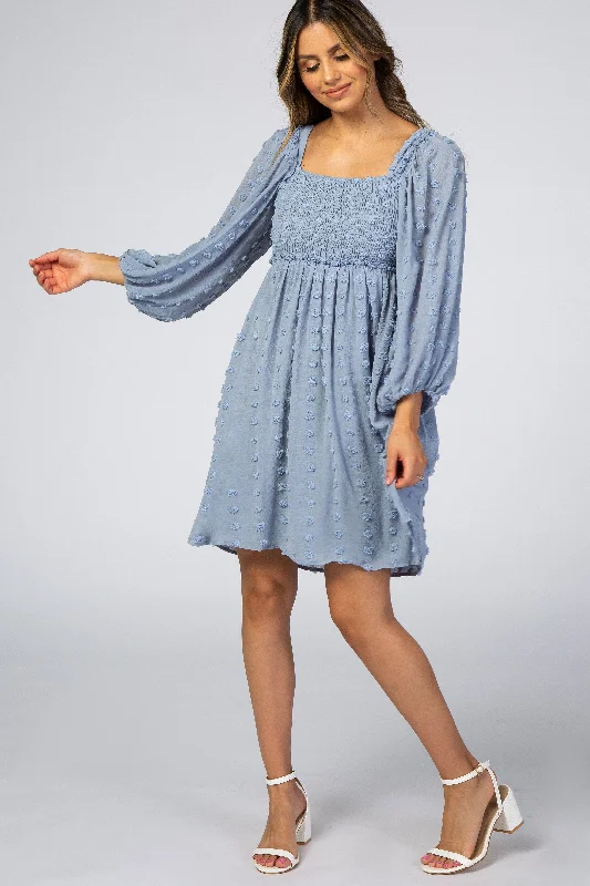 Discover Now Light Blue Textured Dot Smocked Square Neck Chiffon Dress