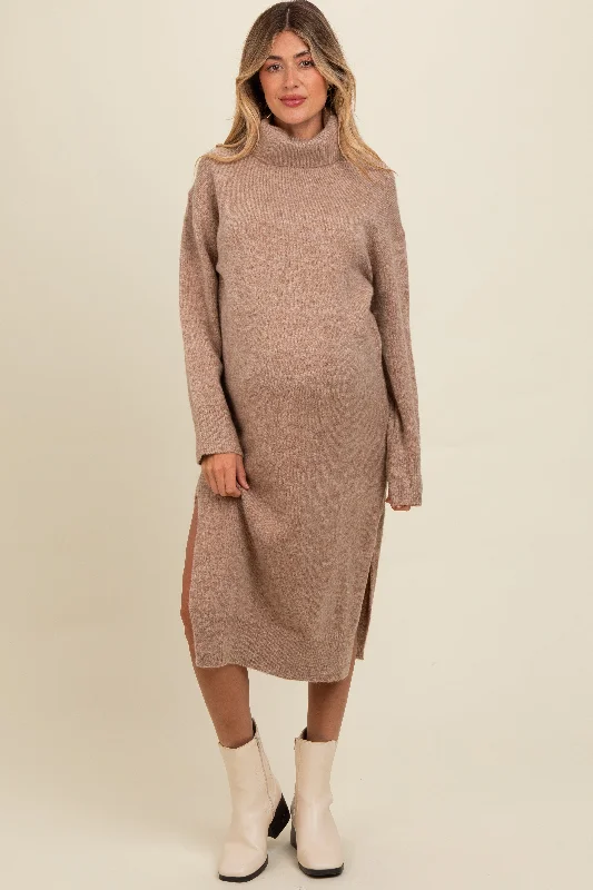 Sophisticated Outfits Light Mocha Turtleneck Side Slit Knit Maternity Midi Sweater Dress