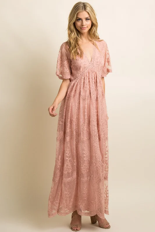 Budget-Friendly Fashion Light Pink Lace Mesh Overlay Maxi Dress