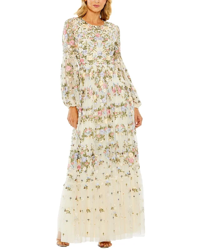 Fashion Sale Mac Duggal High Neck Floral Embroidered Puff Sleeve Gown