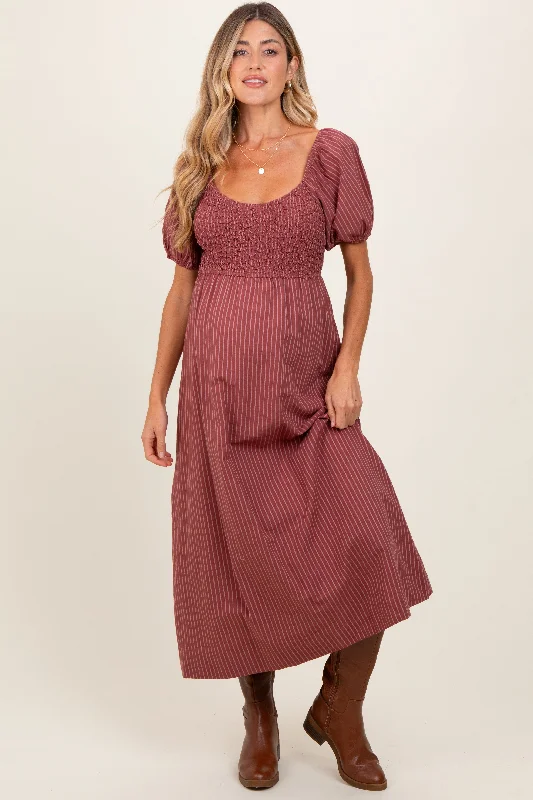 Crazy Discounts, Hurry Up Mauve Striped Popcorn Smocked Maternity Midi Dress