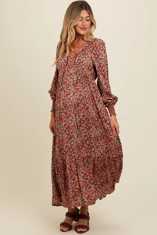 Fashion Forward Mocha Floral V-Neck Bubble Sleeve Maternity Maxi Dress