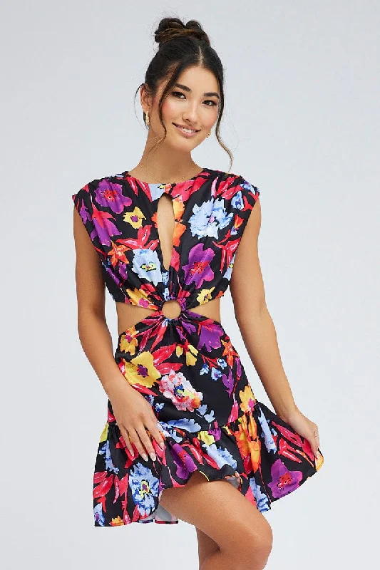 Designer Wear On Sale Multi Floral Bright Floral Ring Detail Keyhole Dress