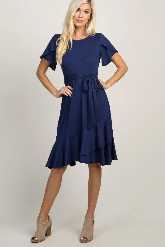 Exclusive Sale Navy Blue Solid Flounce Trim Dress