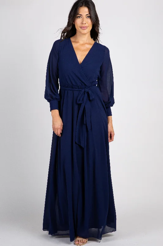 Trendy Women's Wear Collection Navy Chiffon Long Sleeve Pleated Maxi Dress