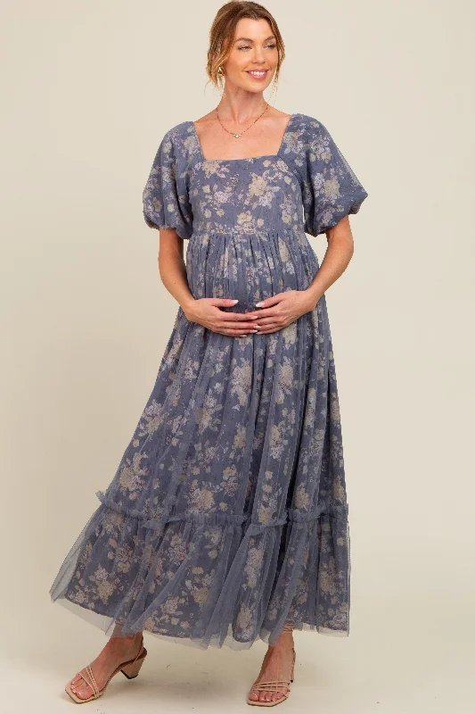 Seasonal Trend Navy Floral Mesh Overlay Maternity Maxi Dress