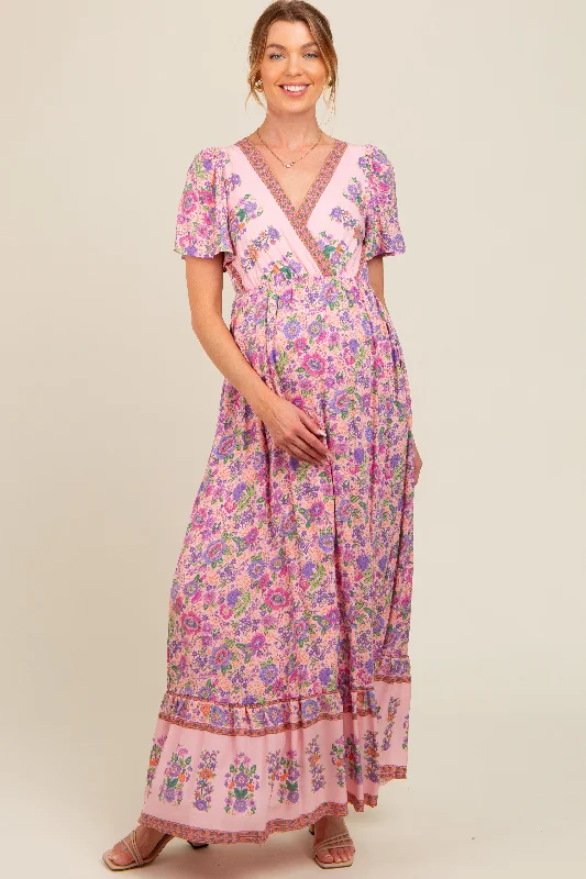 Hot Styles Pink Floral Border Printed Woven Short Sleeve V-Neck Maternity Maxi Dress