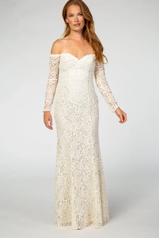 Chic Trends Unveiled PinkBlush Beige Lace Off Shoulder Long Sleeve Maxi Dress