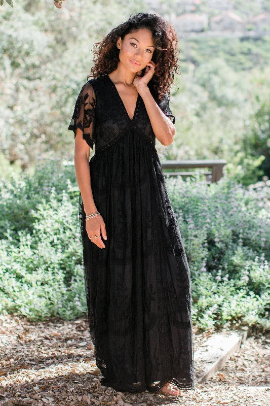 Current Trends PinkBlush Black Lace Mesh Overlay Maxi Dress