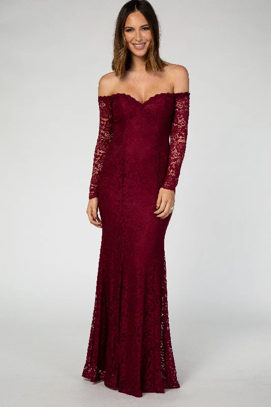 Trendy Threads PinkBlush Burgundy Lace Off Shoulder Long Sleeve Maxi Dress