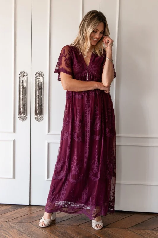 Style Your Wardrobe PinkBlush Deep Burgundy Lace Mesh Overlay Maxi Dress