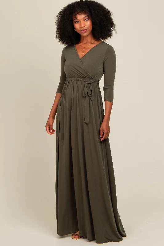 Special Offer For You PinkBlush Olive Green Draped 3/4 Sleeve Maxi Dress