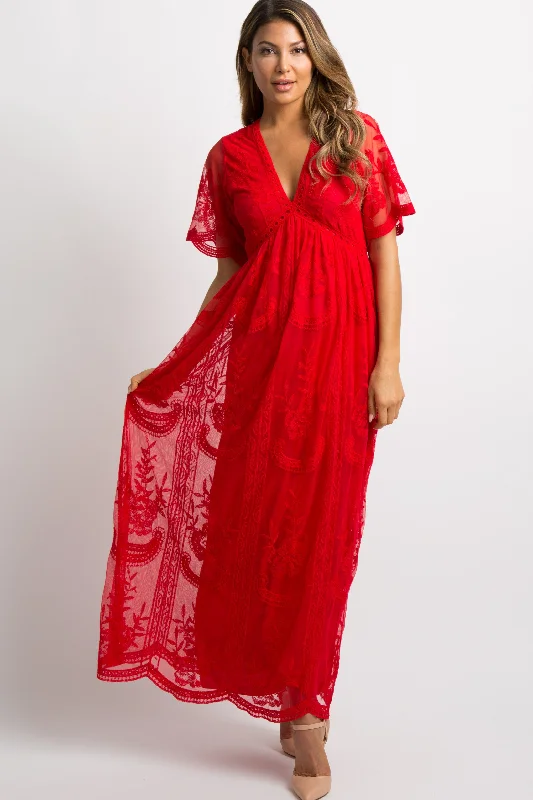 Casual Fashion PinkBlush Red Lace Mesh Overlay Maxi Dress