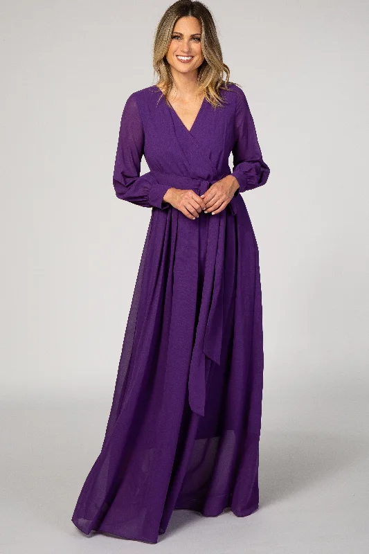 Bid Farewell To The Old Season Purple Chiffon Long Sleeve Pleated Maxi Dress