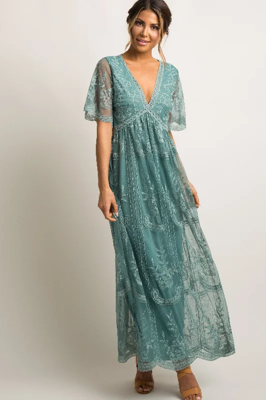 Evening Elegance Sage Lace Mesh Overlay Maxi Dress