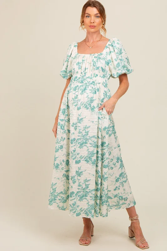 Refined Simplicity Teal Floral Puff Sleeve Maternity Midi Dress