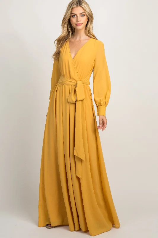 Stylish Basics Yellow Chiffon Long Sleeve Pleated Maxi Dress