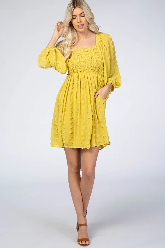 Eco Friendly Fashion Sale Yellow Textured Dot Smocked Square Neck Chiffon Dress