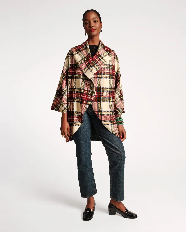 Graceful Drape Cocoon Shawl Collar Wool Coat Christmas Plaid