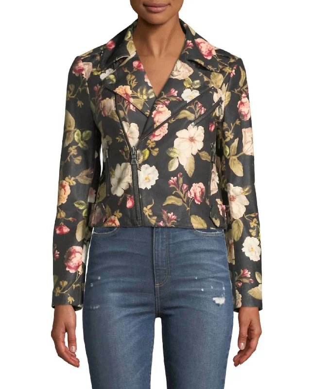 Signature Style Essentials Cody Crop Leather Moto Jacket In Black & Floral