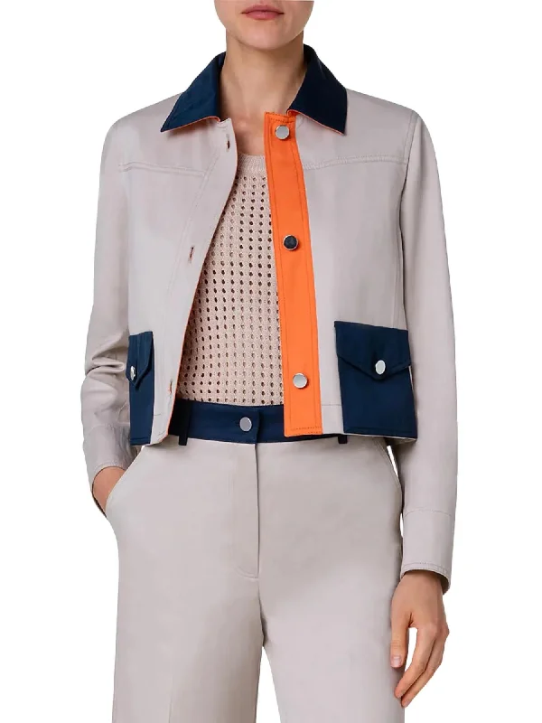 Mega Sales Collared Jean Jacket In Beige/navy/orange