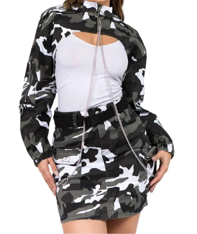 Fast Fashion Favorites Edgy Camo Cropped Jacket With Chains In City Camo