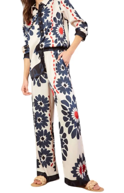 Trendy Street Style Floral Print Elastic Waist Pant In Ivory Navy