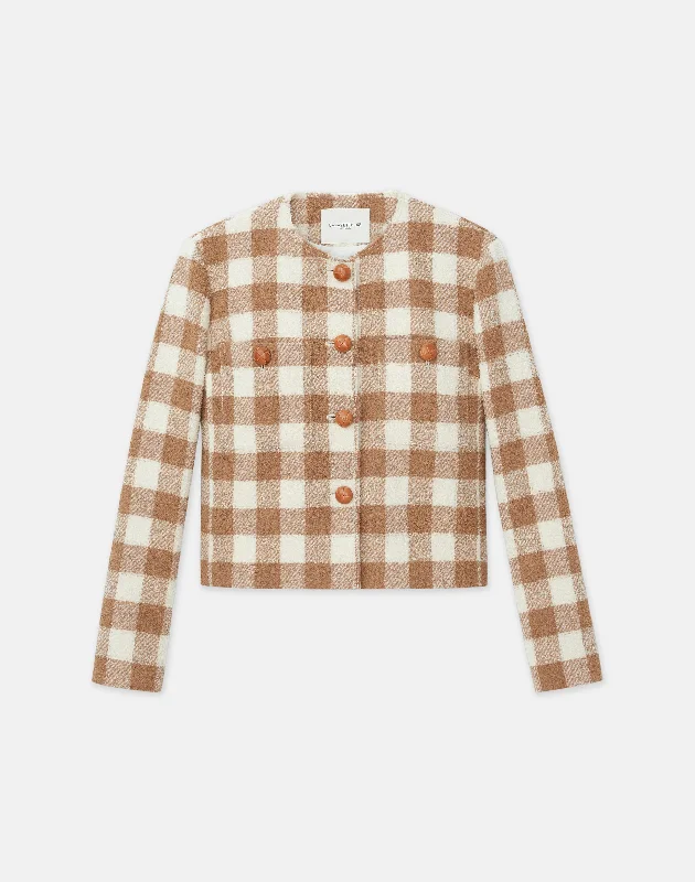 Sophisticated Cut Gingham Wool Collarless Buttoned Jacket