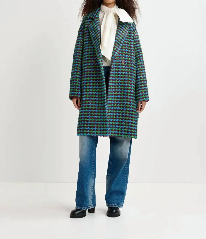 Enjoy Discount Giral Wool Tweed Oversized Coat In Blue/burgundy/green