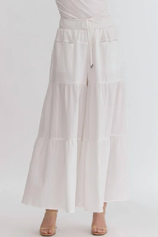 Limited Time High Waist Smocked Waist Tiered Pants In White