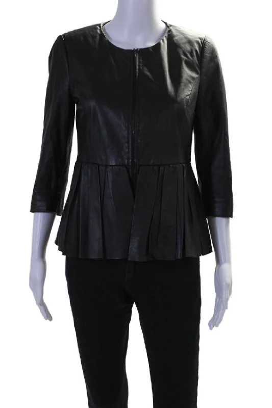 Elegant Attire For The Modern Lady Jason Wu Womens Leather Pleated Long Sleeves Full Zipper Jacket Black