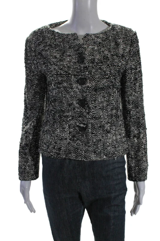 Runway Inspired Wear Lee Anderson Womens Black Silk Textured Crew Neck Button Front Jacket