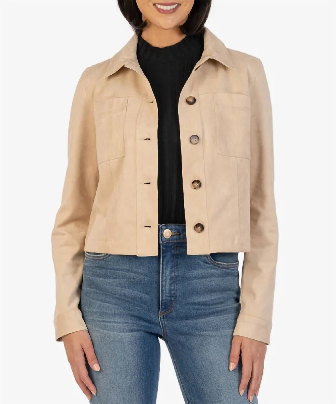 From Casual To Classy Matilda Faux Suede Crop Trucker Jacket In Taupe