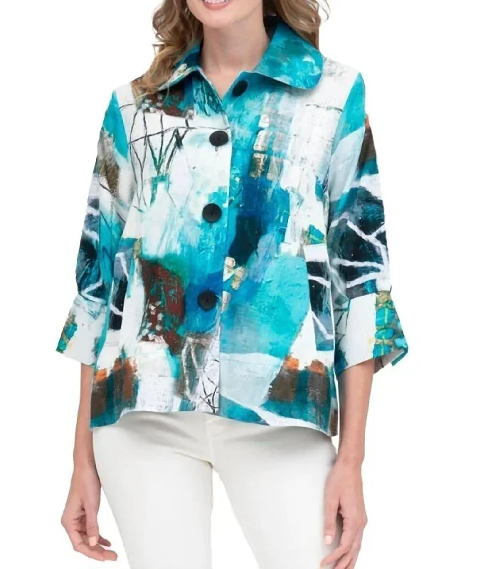 Seasonal Trend Oil Painting Jacket In Turquoise White