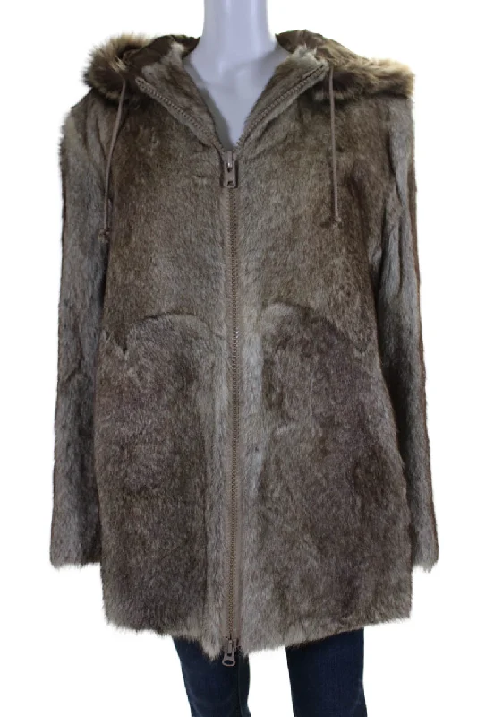 Special Occasion Wear Patchin Furs Womens Brown Fox Fur Hooded Full Zip Long Sleeve Jacket