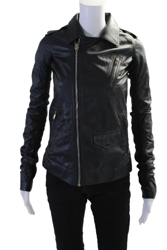 Sophisticated Fashion Rick Owens Womens Black Leather Full Zip Long Sleeve Motorcycle Jacket