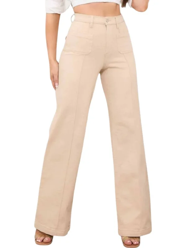 Classic Timeless Elegant Style Square Pocket Wide Leg Jeans In Sand