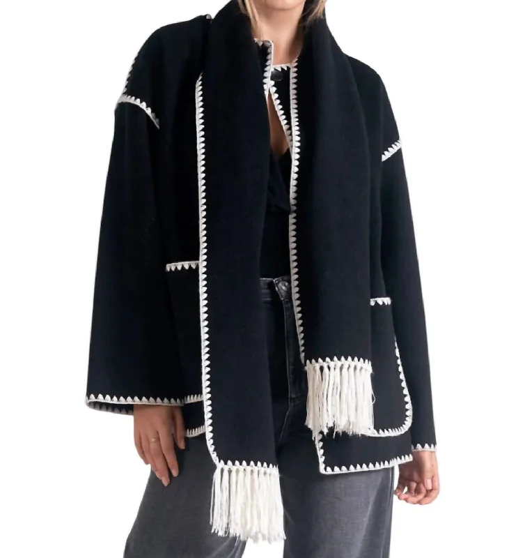 Casual Chic Top Stitch Jacket W/ Scarf In Black/white