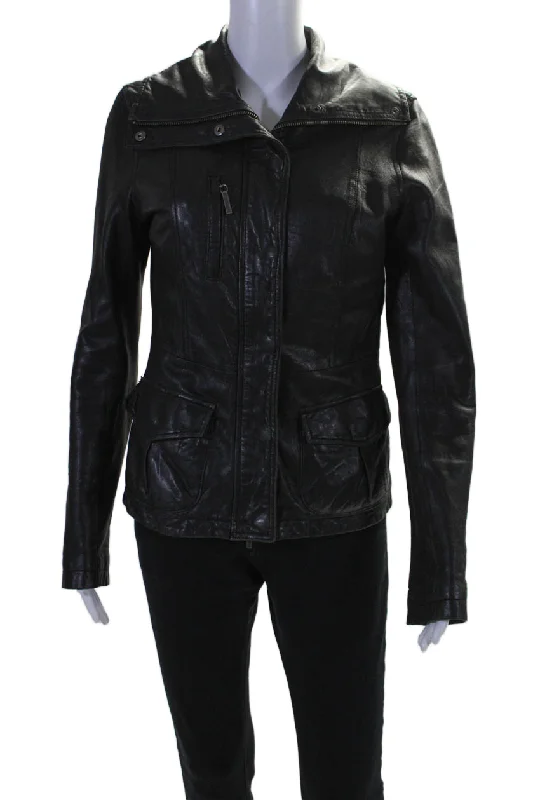 Effortless Style, Endless Impact Vince Womens Leather Three Pocket High Neck Long Sleeve Zip Up Jacket