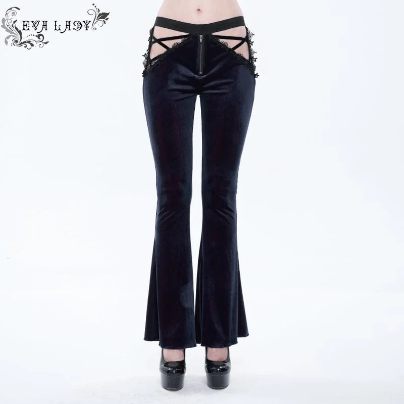 Fast Fashion Favorites Women's Gothic Front Zip Side Cutout Velet Bell-bottoms