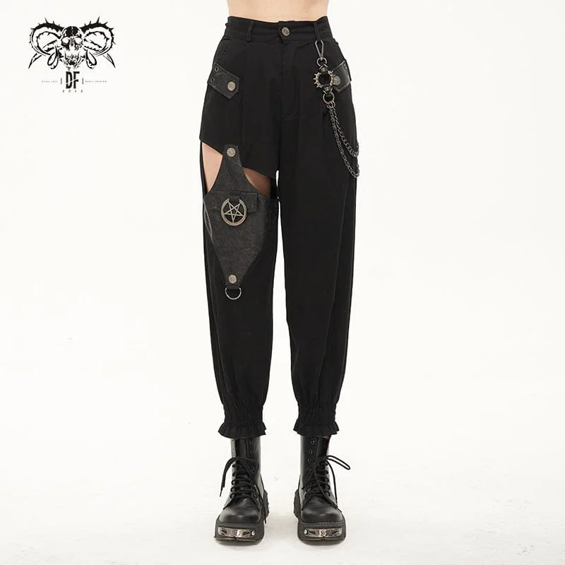 Chic And Trendy Women's Punk Cutout Faux Leather Splice Jogger Pants with Chain