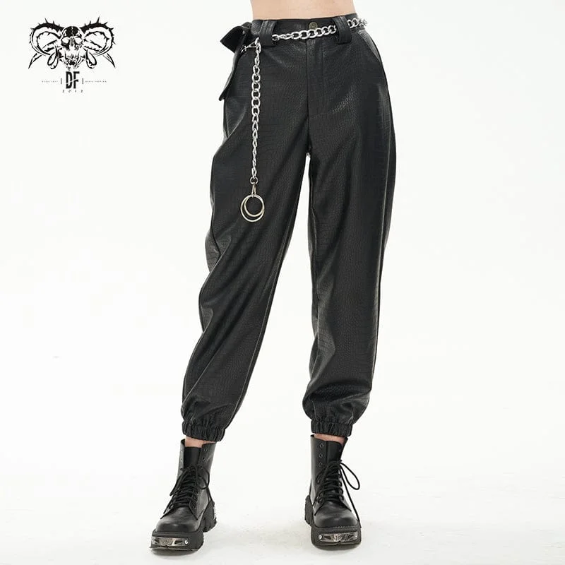 Women's Urban Fashion Women's Punk Faux Leather Ankle Banded Pants With Metal Chain