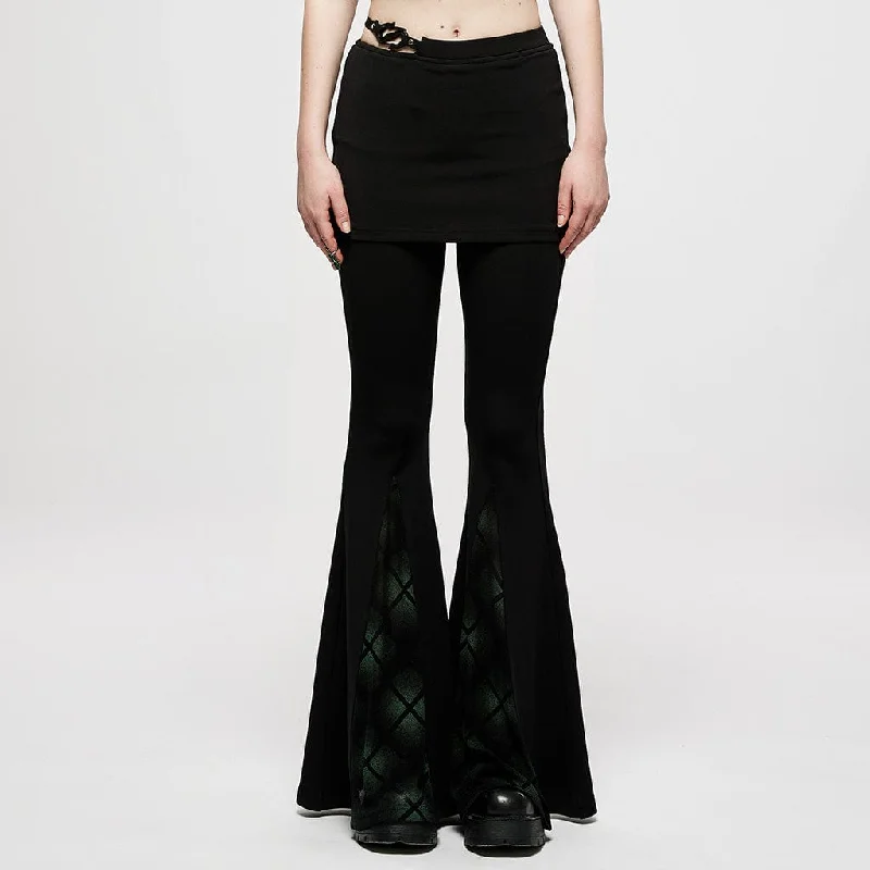 Fashion Forward Women's Punk Green Plaid Bell-bottoms with Skirt