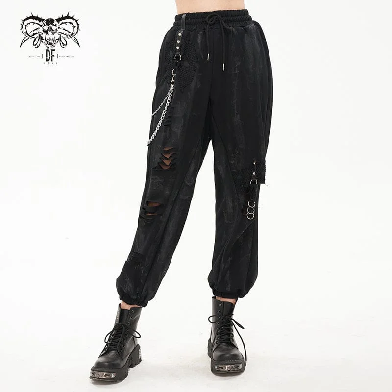 Luxe Layering Women's Punk Ripped Metal Chain Lantern Pants